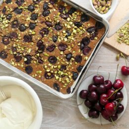 Cherry, Pistachio and Tigernut Sponge Pudding with Vanilla Whipped Cream